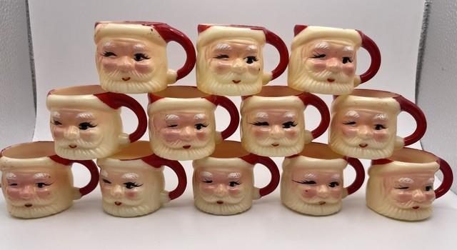 Set Of 12 Miniature Made In Hong Kong Winking Santa Plastic Mugs