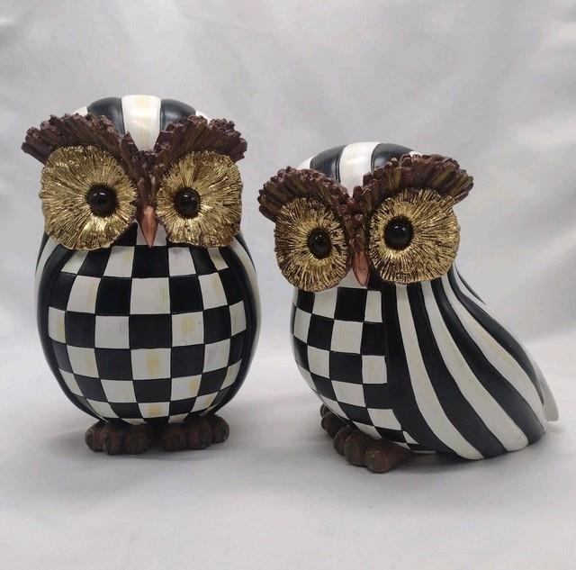 Set Of 2 Mackenzie Childs Courtly Check & Courtly Stripe Owl Figurines Halloween