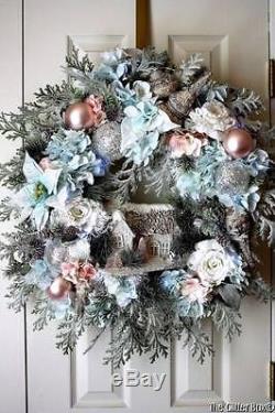 Shabby Cottage Chic Elegant Christmas Wreath Floral Lighted Wreath Snowscene