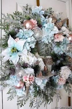 Shabby Cottage Chic Elegant Christmas Wreath Floral Lighted Wreath Snowscene