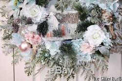 Shabby Cottage Chic Elegant Christmas Wreath Floral Lighted Wreath Snowscene