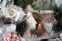 Shabby Cottage Chic Elegant Christmas Wreath Floral Lighted Wreath Snowscene