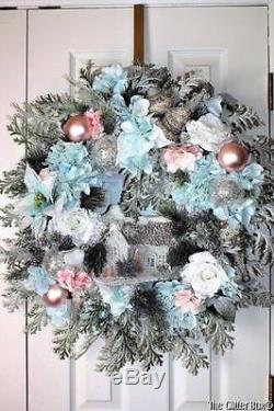 Shabby Cottage Chic Elegant Christmas Wreath Floral Lighted Wreath Snowscene