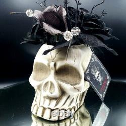 Skull Black Roses Floral Gothic Arrangement Thorns Glitter Beads Halloween WT