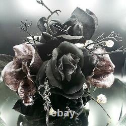 Skull Black Roses Floral Gothic Arrangement Thorns Glitter Beads Halloween WT