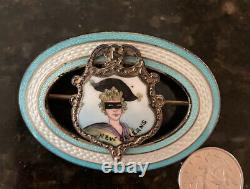 Turn of Century Sterling Enamel Guilloche Mardi Gras Oval Pin Masked Lady