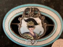 Turn of Century Sterling Enamel Guilloche Mardi Gras Oval Pin Masked Lady