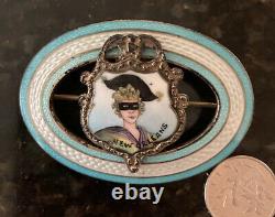 Turn of Century Sterling Enamel Guilloche Mardi Gras Oval Pin Masked Lady