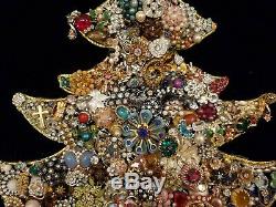 Unique Huge Framed Christmas Tree Made From Vintage Rhinestone Jewelry Stunning