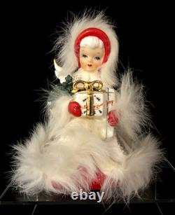 Unusual Vintage NAPCO Ceramic Christmas White Angel withFur Trim Holding Gift