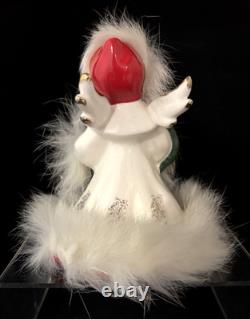 Unusual Vintage NAPCO Ceramic Christmas White Angel withFur Trim Holding Gift