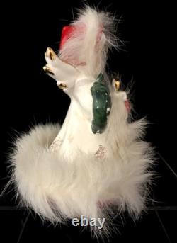 Unusual Vintage NAPCO Ceramic Christmas White Angel withFur Trim Holding Gift