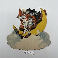 VERY RARE Halloween Dennison Witch Flying In Clouds With Broom Unused Place Card