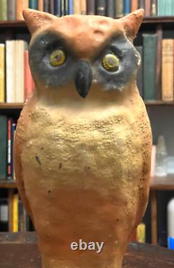 VINTAGE HALLOWEEN PAPIER MACHE PULP OWL with GLASS EYES 1930s, 10.5 TALL