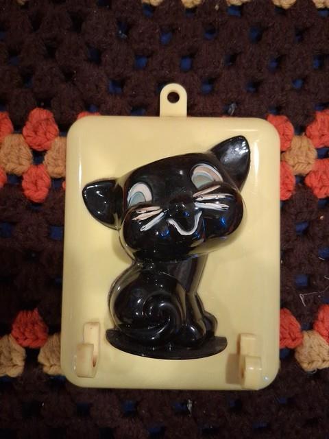 Vintage Halloween Rosbro Hard Plastic Toy Black Cat Candy Container Wall Plaque