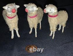 VINTAGE TRIO GERMAN WOOLY MINIATURE PUTZ SHEEP WithSTICK LEGS