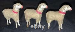 VINTAGE TRIO GERMAN WOOLY MINIATURE PUTZ SHEEP WithSTICK LEGS