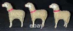 VINTAGE TRIO GERMAN WOOLY MINIATURE PUTZ SHEEP WithSTICK LEGS