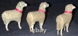 VINTAGE TRIO GERMAN WOOLY MINIATURE PUTZ SHEEP WithSTICK LEGS