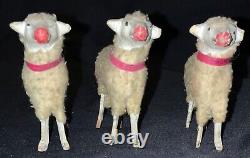 VINTAGE TRIO GERMAN WOOLY MINIATURE PUTZ SHEEP WithSTICK LEGS