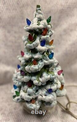 VTG 2 Piece Ceramic Christmas Tree Leviton Lamp Signed A Dawson 1974 Snow Cover