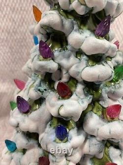 VTG 2 Piece Ceramic Christmas Tree Leviton Lamp Signed A Dawson 1974 Snow Cover