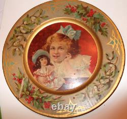 VTG Antique Christmas 10 Round Tin Litho Tray Plate Little Girl & Doll Holly