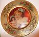 Vtg Antique Christmas 10 Round Tin Litho Tray Plate Little Girl & Doll Holly