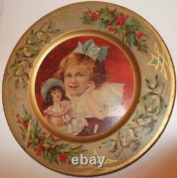 VTG Antique Christmas 10 Round Tin Litho Tray Plate Little Girl & Doll Holly