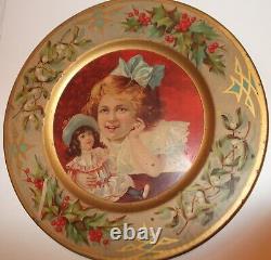 VTG Antique Christmas 10 Round Tin Litho Tray Plate Little Girl & Doll Holly