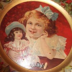 VTG Antique Christmas 10 Round Tin Litho Tray Plate Little Girl & Doll Holly