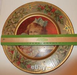 VTG Antique Christmas 10 Round Tin Litho Tray Plate Little Girl & Doll Holly