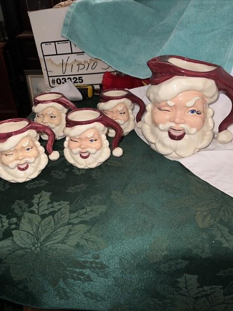 Vtg Ceramic Winking Santa Pitcher And 4 Cups See Read