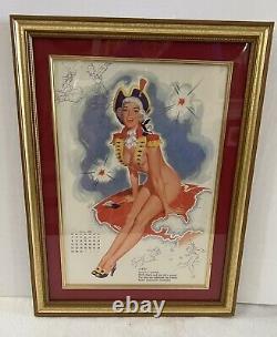 VTG Framed JULY 4th Patriotic Sexy Pin Up Gal Gold Wood Filet Red Mat 13 X 18