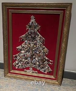 VTG MCM Jewelry Art Christmas Tree On Red Velvet Light Up Flaw 30x24 Framed