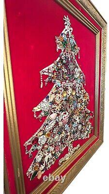 VTG MCM Jewelry Art Christmas Tree On Red Velvet Light Up Flaw 30x24 Framed