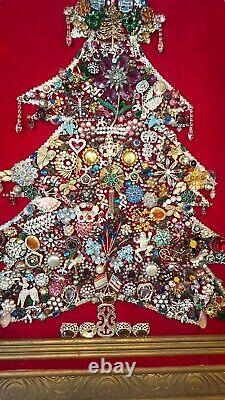 VTG MCM Jewelry Art Christmas Tree On Red Velvet Light Up Flaw 30x24 Framed