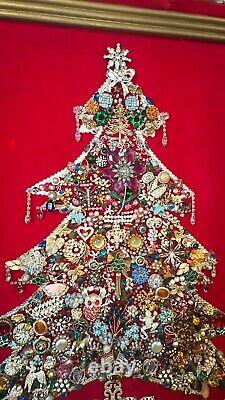 VTG MCM Jewelry Art Christmas Tree On Red Velvet Light Up Flaw 30x24 Framed