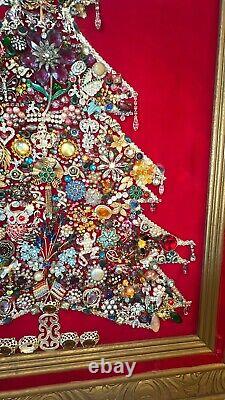 VTG MCM Jewelry Art Christmas Tree On Red Velvet Light Up Flaw 30x24 Framed