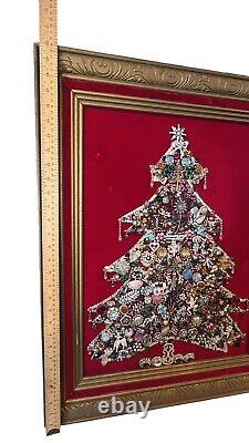 VTG MCM Jewelry Art Christmas Tree On Red Velvet Light Up Flaw 30x24 Framed