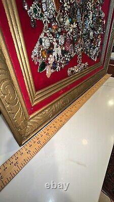 VTG MCM Jewelry Art Christmas Tree On Red Velvet Light Up Flaw 30x24 Framed