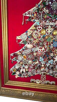 VTG MCM Jewelry Art Christmas Tree On Red Velvet Light Up Flaw 30x24 Framed