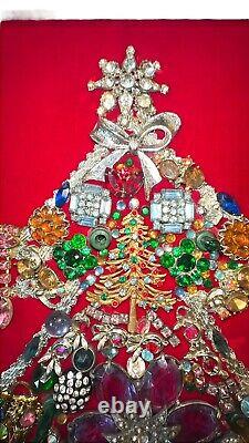 VTG MCM Jewelry Art Christmas Tree On Red Velvet Light Up Flaw 30x24 Framed