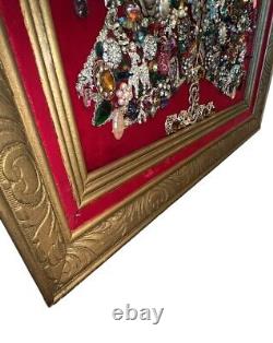 VTG MCM Jewelry Art Christmas Tree On Red Velvet Light Up Flaw 30x24 Framed