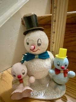 VTG PUTZ Mica 3 Snowman Rare Candy Container Japan 1950s Fragile Condition Read