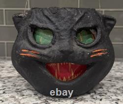 Vintage 1940's Pulp Paper Mache Halloween Black Cat Lantern All Original