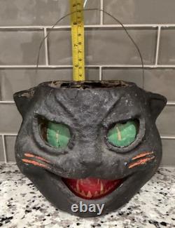 Vintage 1940's Pulp Paper Mache Halloween Black Cat Lantern All Original