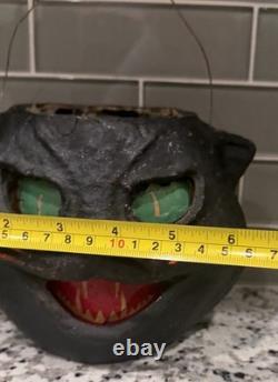 Vintage 1940's Pulp Paper Mache Halloween Black Cat Lantern All Original