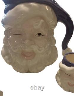 Vintage 1950s Winking Santa Pitcher & 4 Mugs 5 Pc Christmas Set RARE color READ