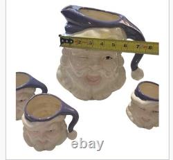 Vintage 1950s Winking Santa Pitcher & 4 Mugs 5 Pc Christmas Set RARE color READ